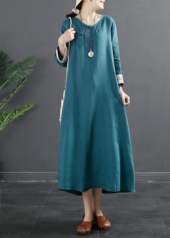 Loose Pockets Spring Tunics Runway Blue Cotton Dresses - Omychic