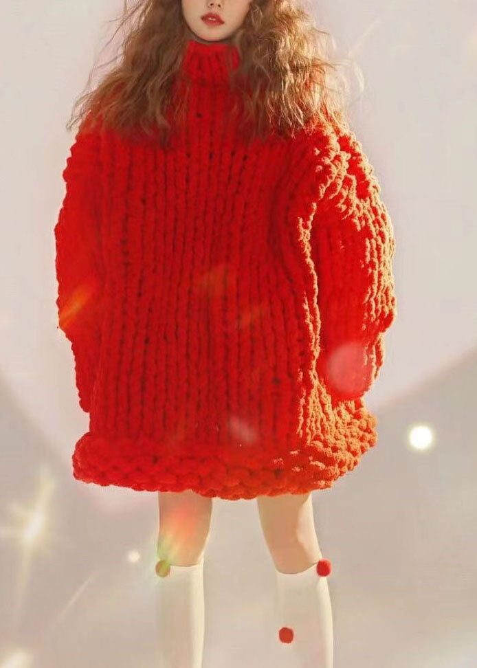 Loose Red Turtleneck Cozy Cable Cotton Knit Sweater Fall