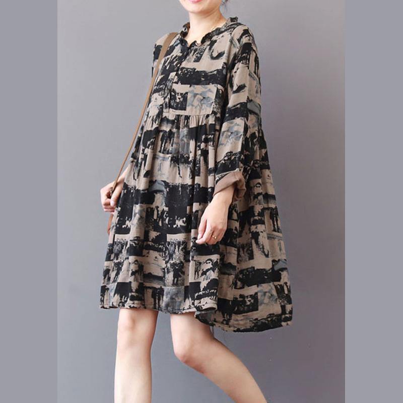 Loose Ruffled wrinkled Cotton dress Shape black print Dresses – Omychic