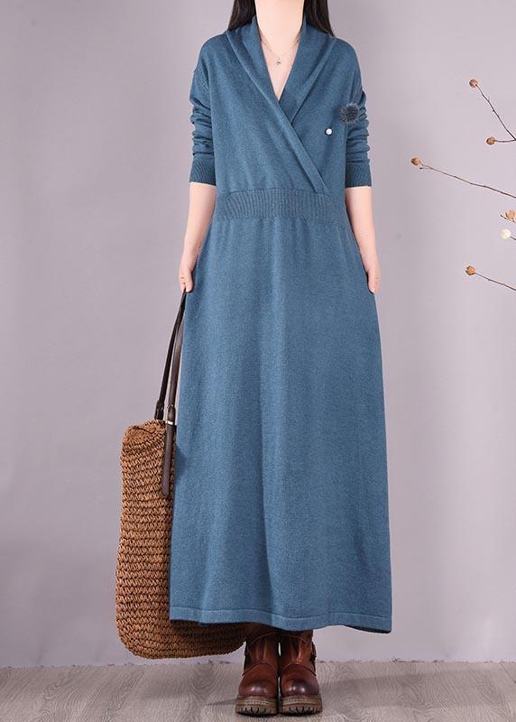 Loose V Neck Asymmetric Spring Quilting Clothes Work Blue Robes Dresses - Omychic