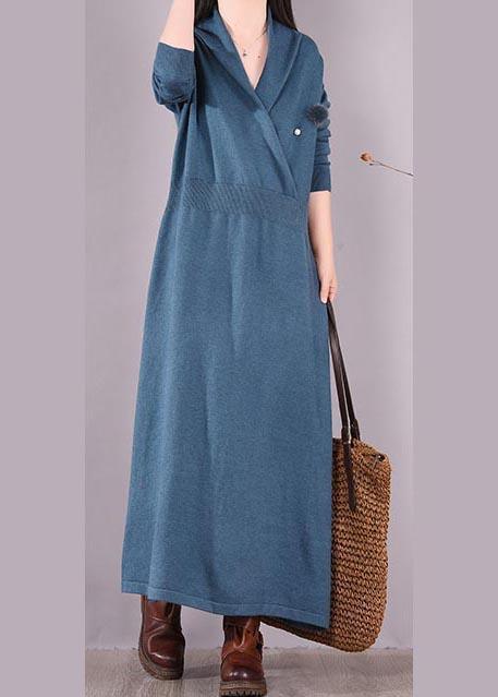 Loose V Neck Asymmetric Spring Quilting Clothes Work Blue Robes Dresses - Omychic