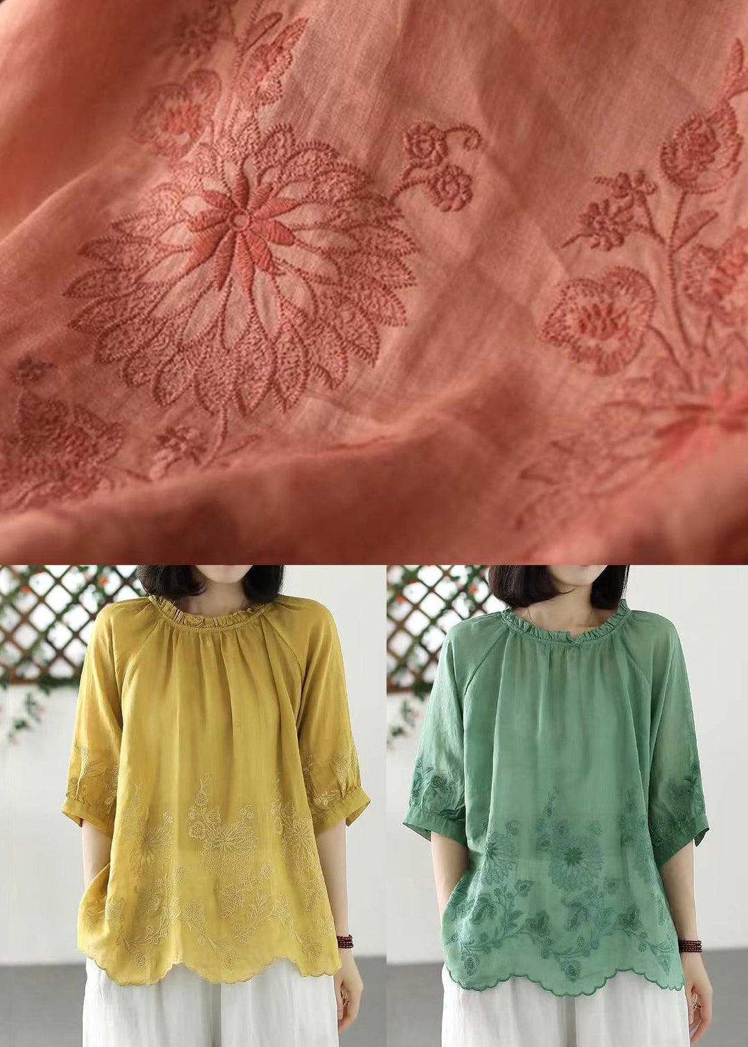 Loose Yellow Ruffled Embroideried Linen T Shirt Top Summer