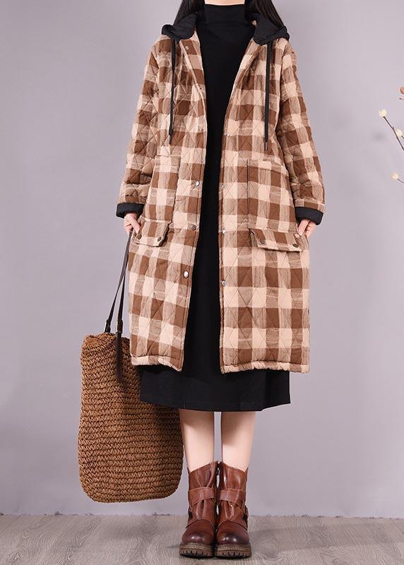 Luxury Oversize Outwear Chocolate Plaid Hooded Pockets Casual Outfit - Omychic