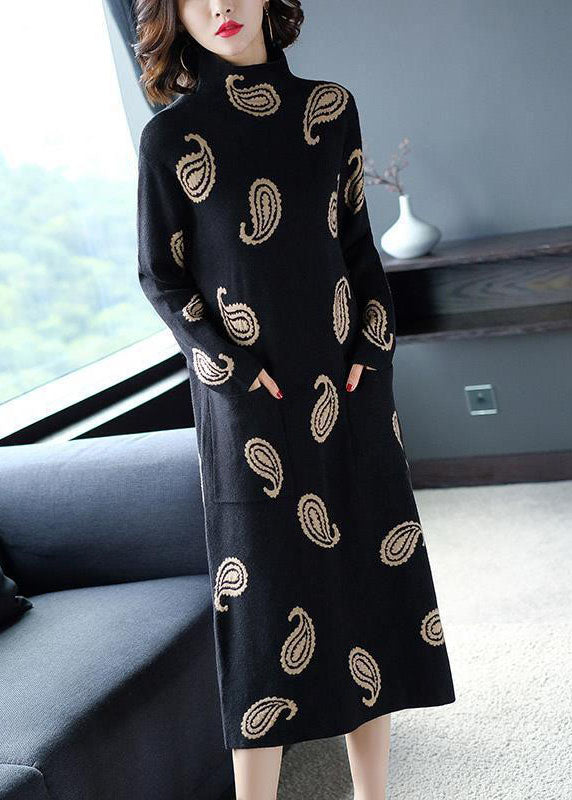 Modern Black High Neck Print Pockets Long Sweater Winter