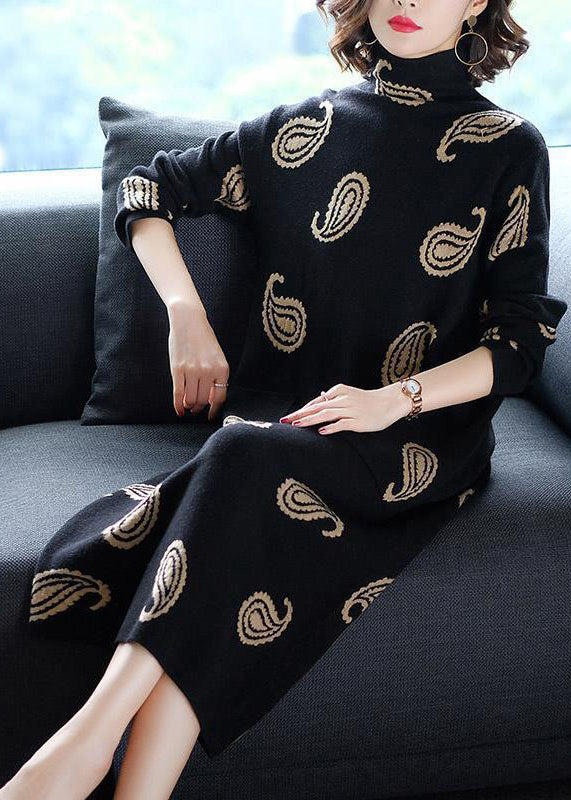 Modern Black High Neck Print Pockets Long Sweater Winter