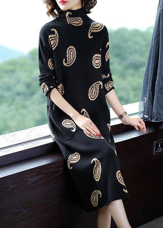 Modern Black High Neck Print Pockets Long Sweater Winter