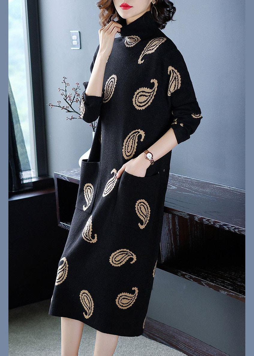 Modern Black High Neck Print Pockets Long Sweater Winter