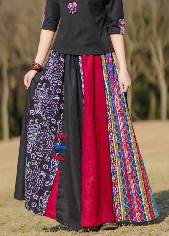 Modern Black Patchwork Elastic Waist Button Maxi Skirt