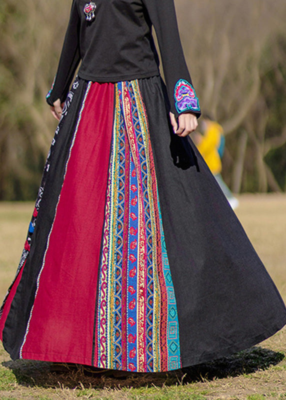 Modern Black Patchwork Elastic Waist Button Maxi Skirt