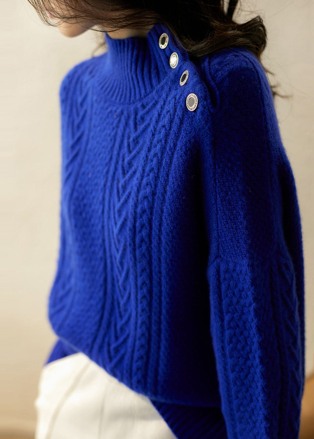 Modern Blue Hign Neck Thick Patchwork Cable Knit Sweaters Winter