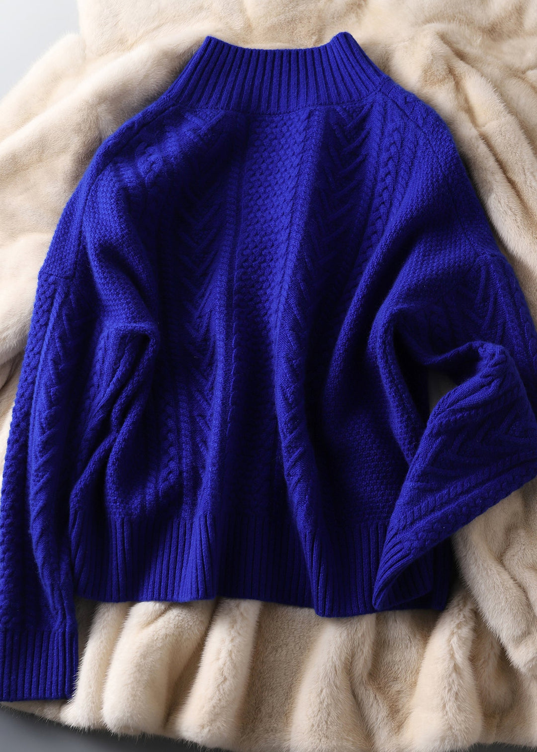 Modern Blue Hign Neck Thick Patchwork Cable Knit Sweaters Winter