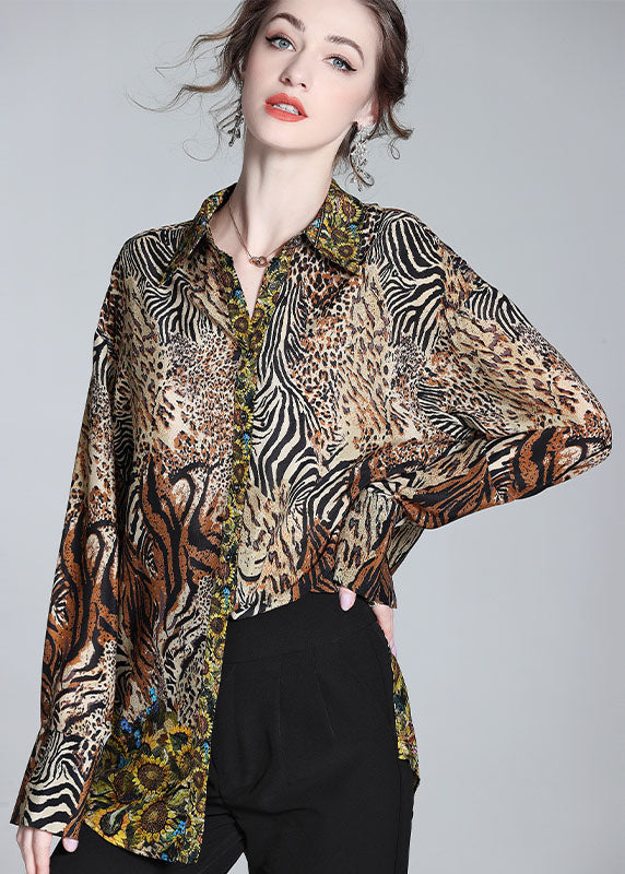 Modern Brown Peter Pan Collar Leopard Print Silk Top Spring