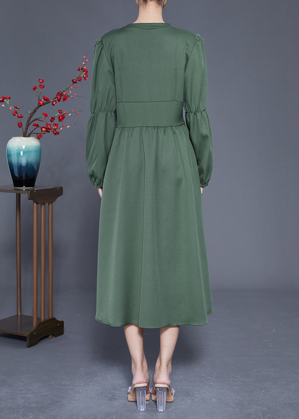 Modern Green V Neck Cinched Patchwork Button Silk Dress Spring