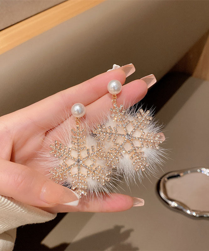 Modern White Fuzzy Fur Fluffy Snowflake Drop Earrings