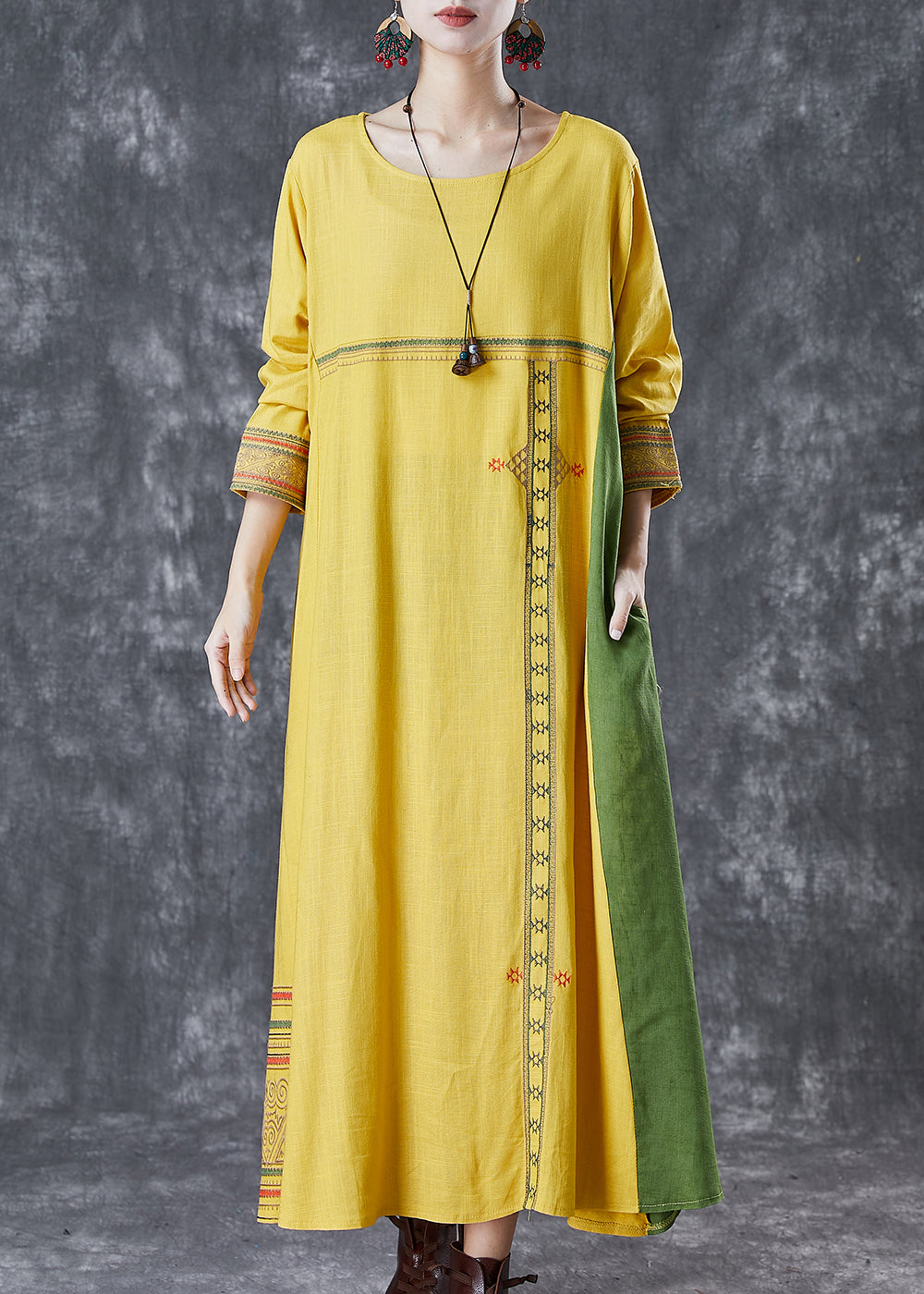 Modern Yellow Embroideried Patchwork Linen Maxi Dresses Spring