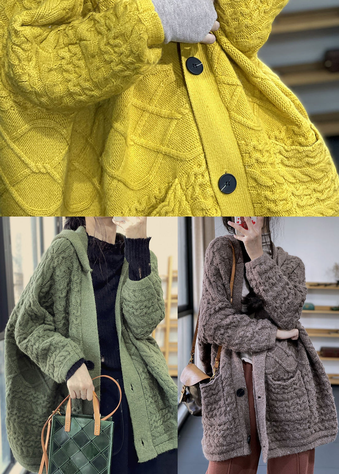 Modern Yellow Oversized Pockets Rabbit Hair Knit Cardigans Winter