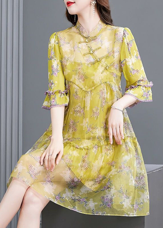 Modern Yellow Print Patchwork Chinese Button Silk Mid Dress Summer