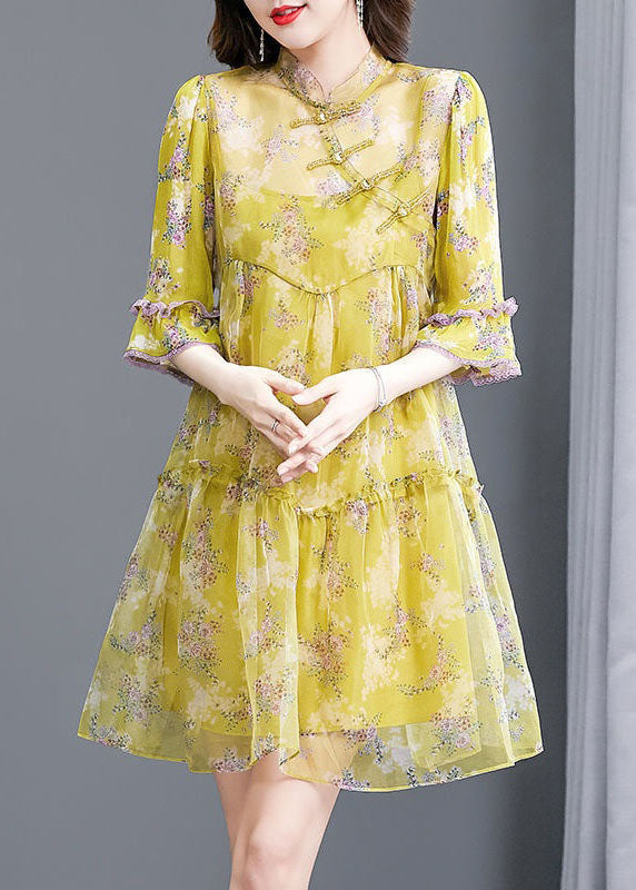 Modern Yellow Print Patchwork Chinese Button Silk Mid Dress Summer