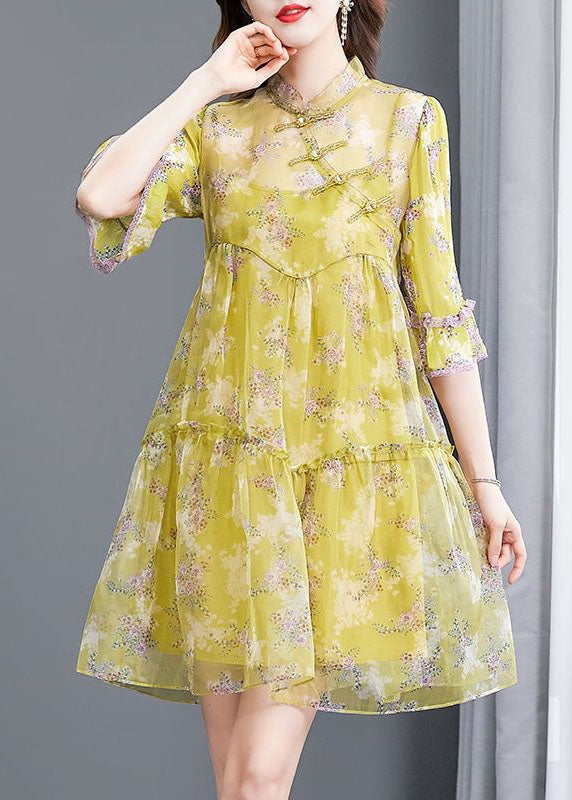 Modern Yellow Print Patchwork Chinese Button Silk Mid Dress Summer