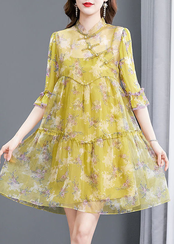 Modern Yellow Print Patchwork Chinese Button Silk Mid Dress Summer