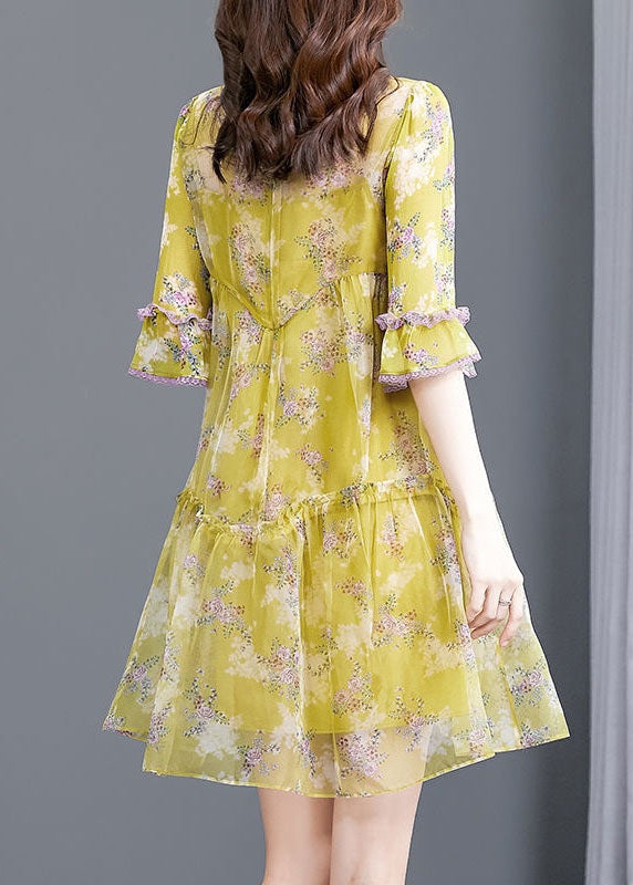 Modern Yellow Print Patchwork Chinese Button Silk Mid Dress Summer