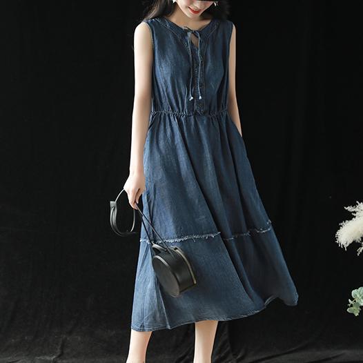 Modern drawstring pockets cotton dresses Fashion denim blue cotton robes Dress summer - Omychic