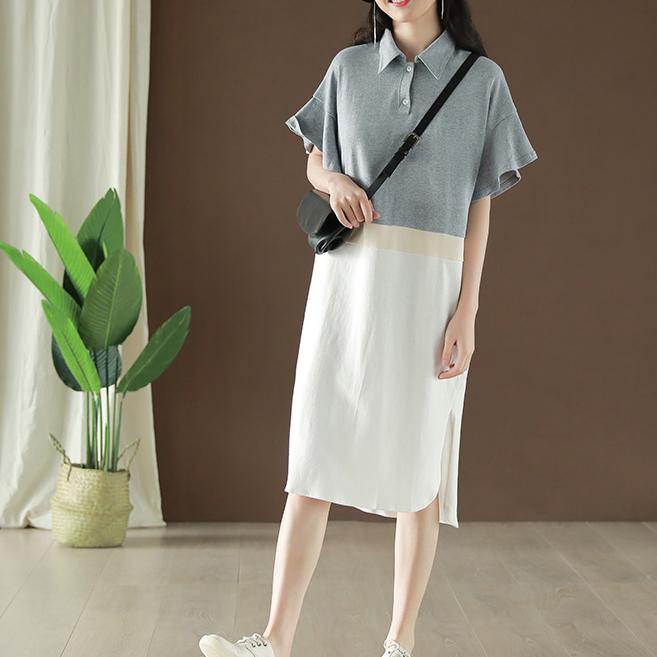 Modern light gray Cotton clothes Women lapel patchwork Butterfly Sleeve summer Dress - Omychic