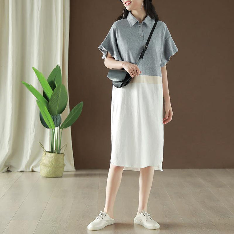 Modern light gray Cotton clothes Women lapel patchwork Butterfly Sleeve summer Dress - Omychic