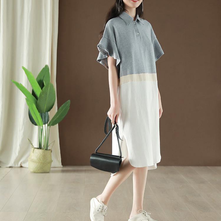 Modern light gray Cotton clothes Women lapel patchwork Butterfly Sleeve summer Dress - Omychic