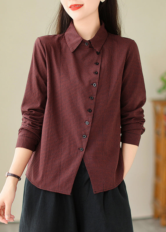 Mulberry Plaid Button Cotton Shirt Tops Peter Pan Collar Spring