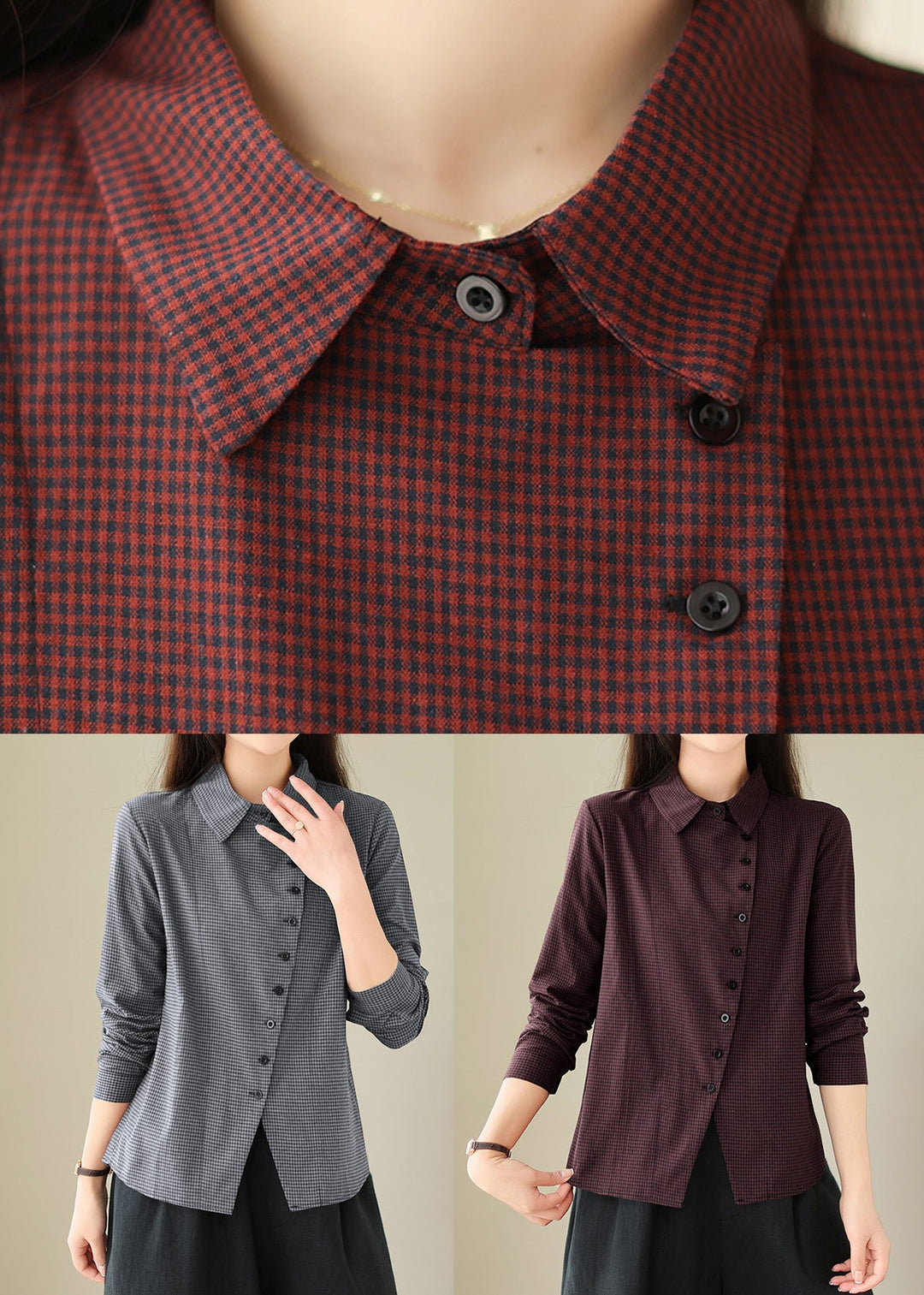 Mulberry Plaid Button Cotton Shirt Tops Peter Pan Collar Spring