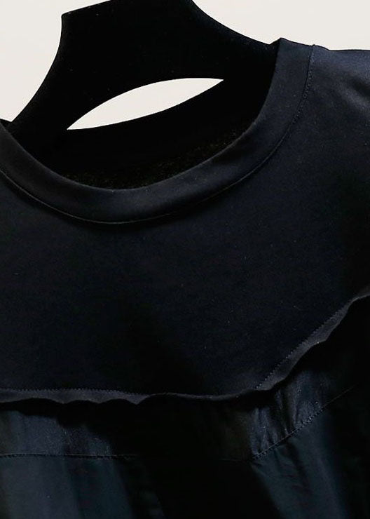 Natural Black O Neck Hollow Out Patchwork Cotton T Shirt Tops Summer