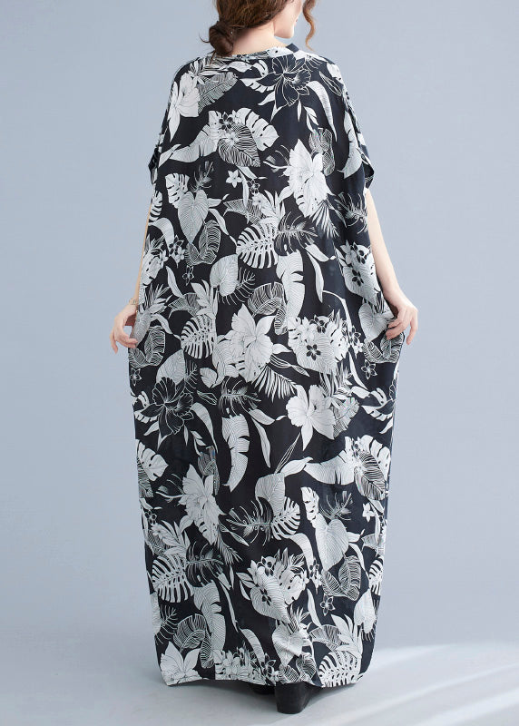 Natural Black V Neck Print Robe Dresses Short Sleeve