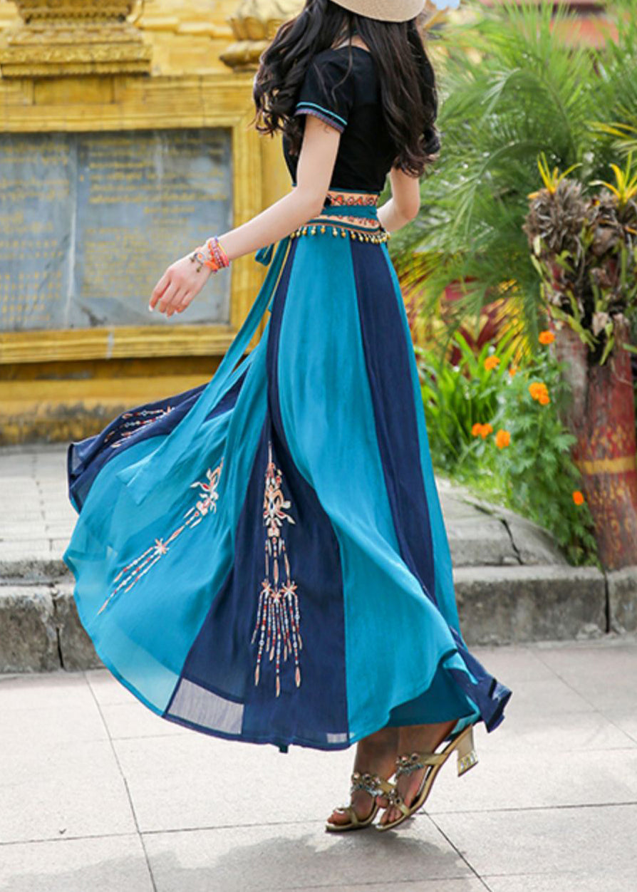 Natural Blue Embroideried Lace Up Patchwork Chiffon Skirt Spring