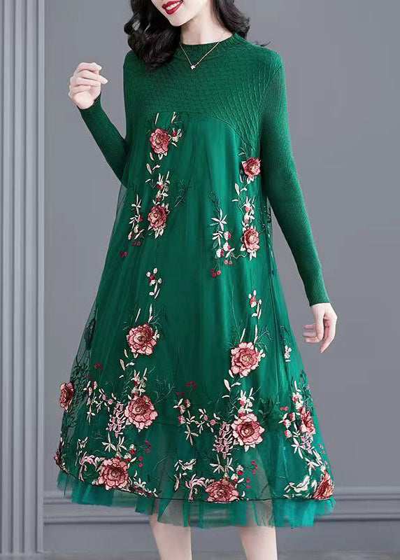 Natural Green Embroideried Patchwork Knit Long Dress Spring