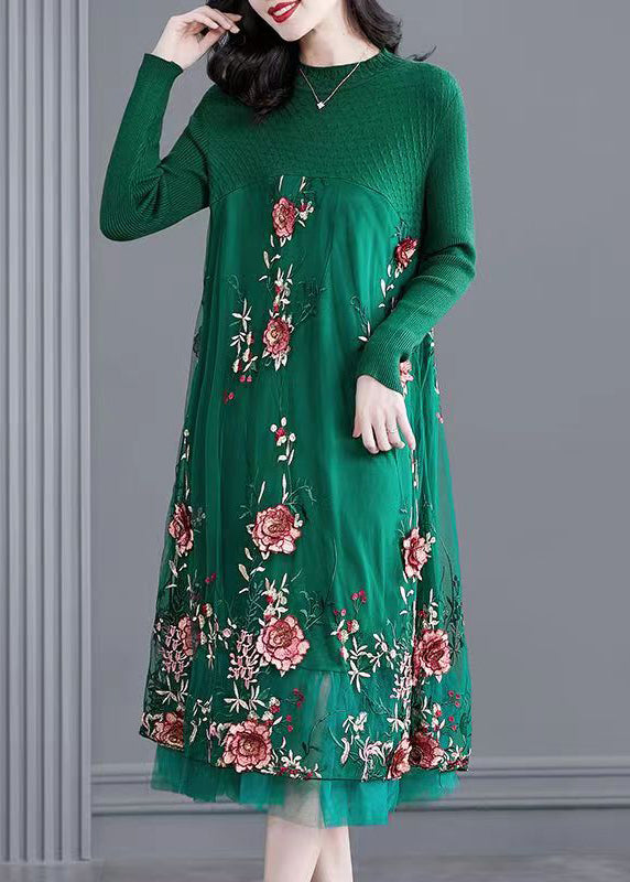 Natural Green Embroideried Patchwork Knit Long Dress Spring