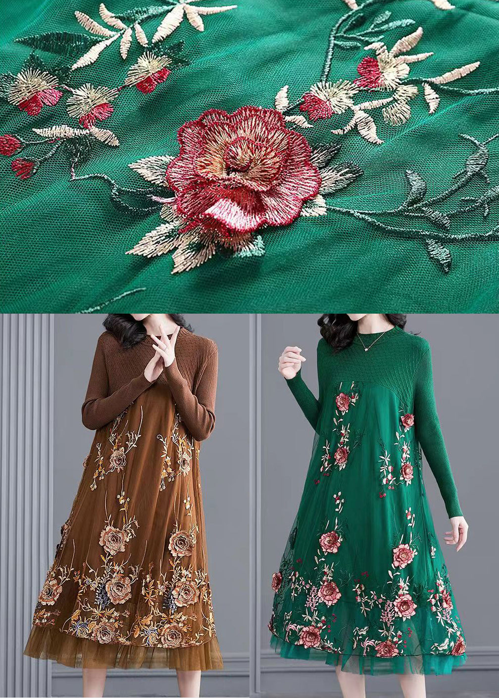 Natural Green Embroideried Patchwork Knit Long Dress Spring