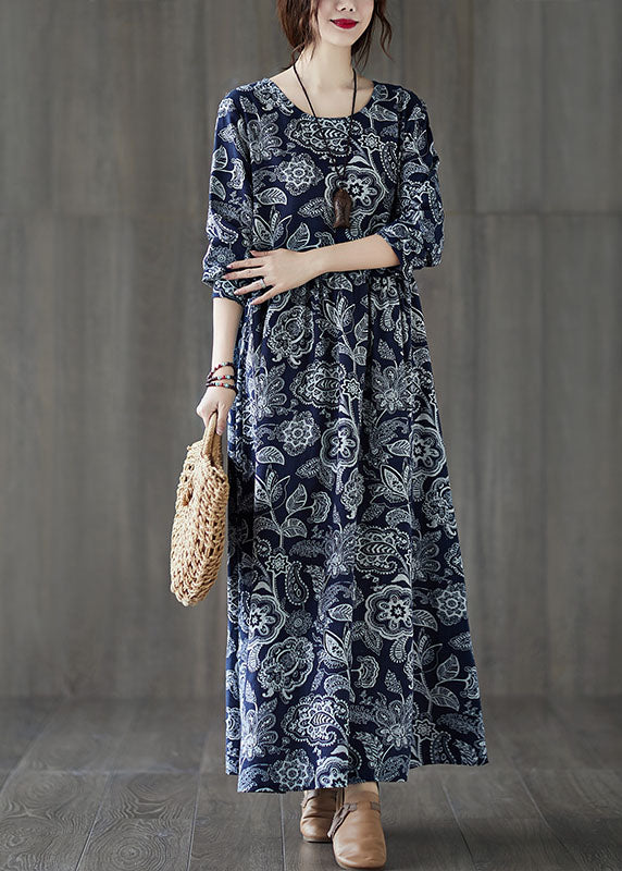 Natural Navy O Neck Print Wrinkled Patchwork Cotton Dresses Fall