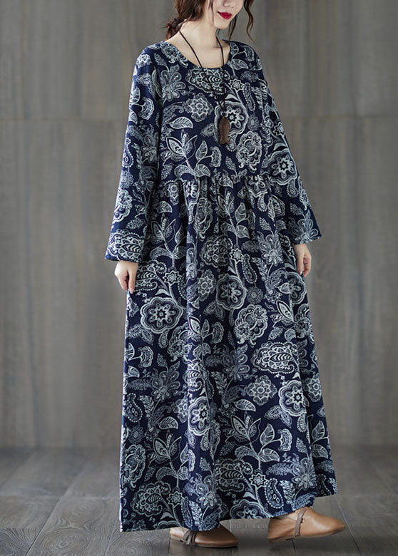 Natural Navy O Neck Print Wrinkled Patchwork Cotton Dresses Fall