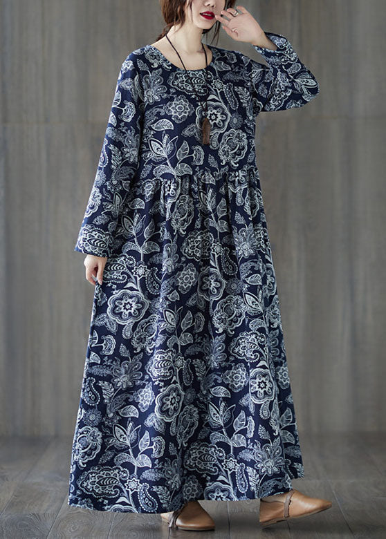 Natural Navy O Neck Print Wrinkled Patchwork Cotton Dresses Fall