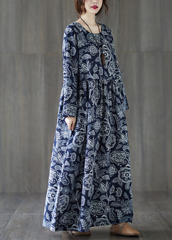 Natural Navy O Neck Print Wrinkled Patchwork Cotton Dresses Fall