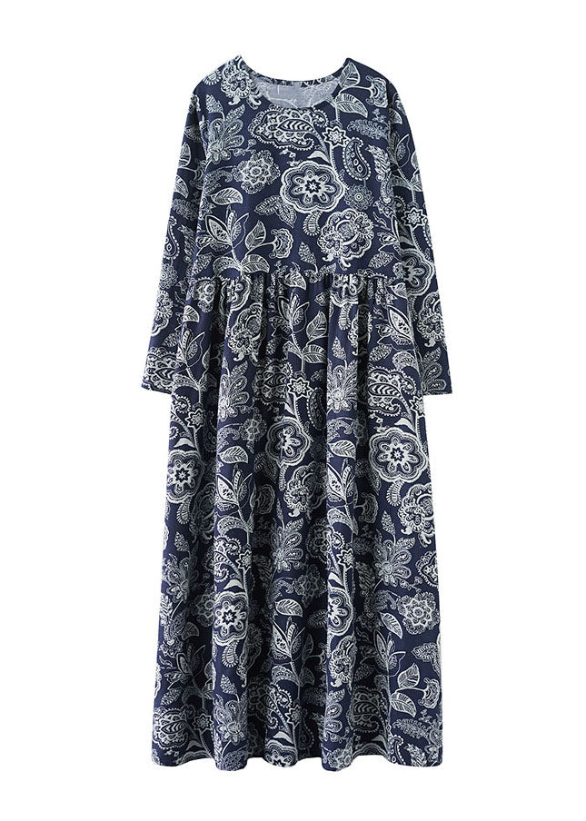 Natural Navy O Neck Print Wrinkled Patchwork Cotton Dresses Fall