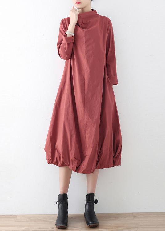 Natural Red Stand Asymmetrical Design Fall Cotton Long Dress - Omychic