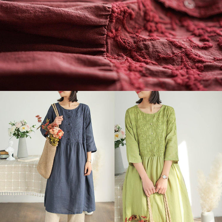 Natural burgundy embroidery Linen clothes Women o neck half sleeve short summer Dresses - Omychic