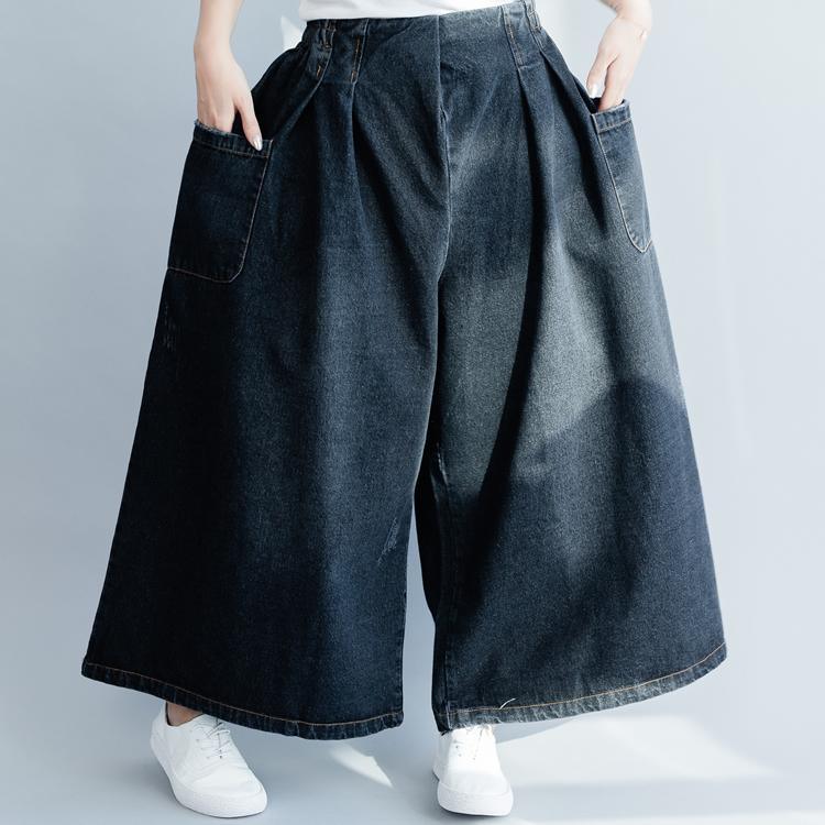 Natural denim black cotton wide leg pants pockets spring pants – Omychic