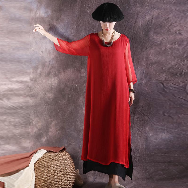 Natural false two pieces silk clothes Wardrobes red side open long Dress summer - Omychic