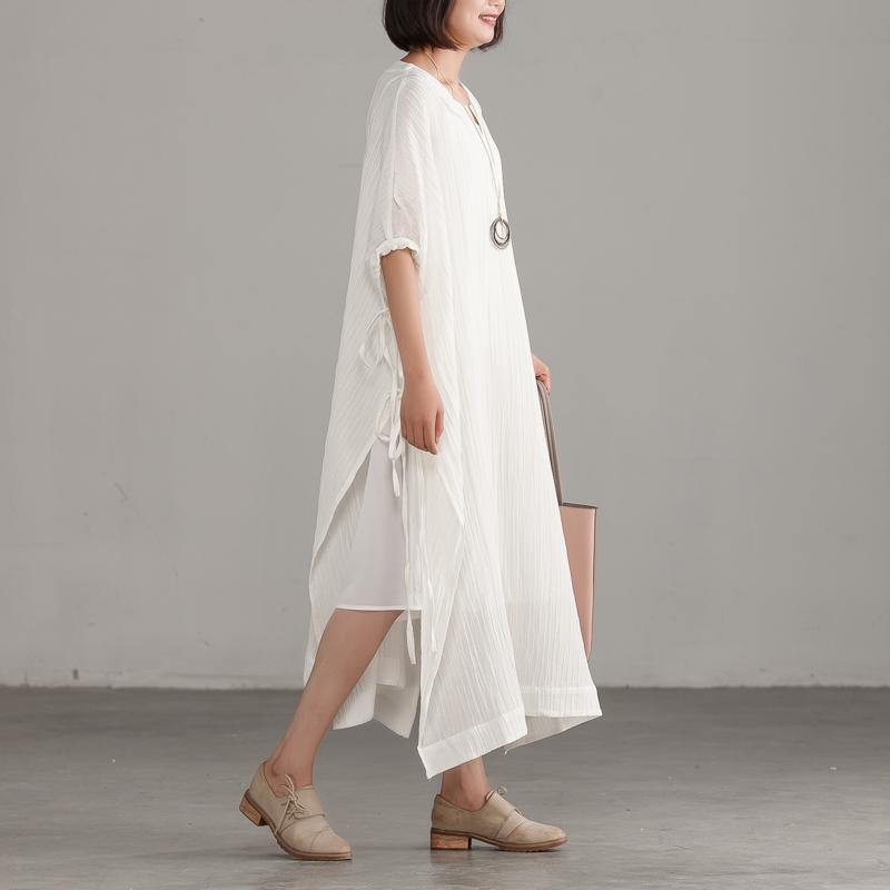 Natural linen Robes boutique Slit Jacquard Loose Lacing White Dress ...