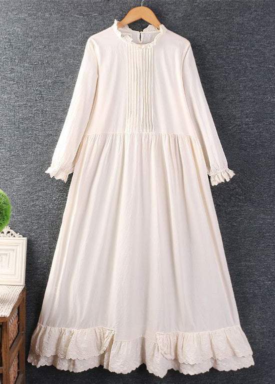 New Apricot Ruffled Lace Patchwork Cotton Long Dresses Spring