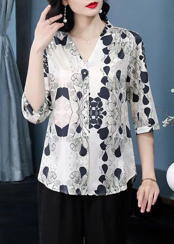 New Beige V Neck Print Patchwork Silk Tops Half Sleeve