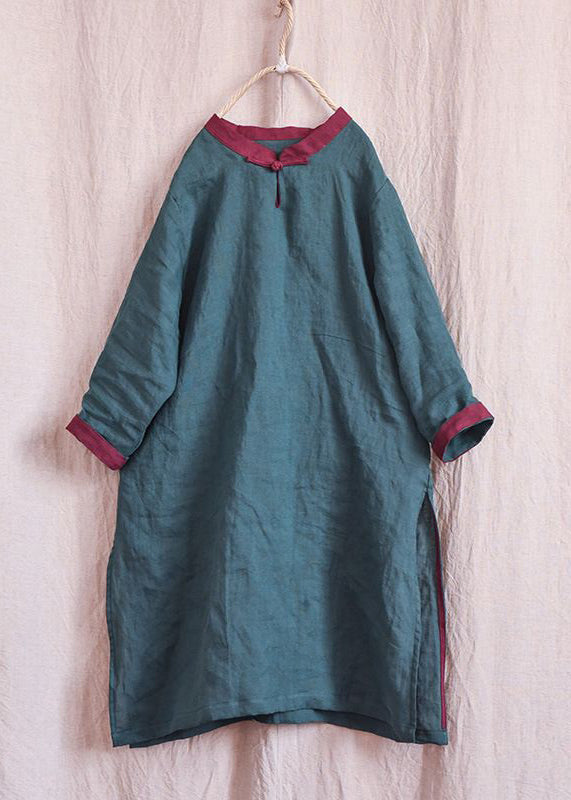 New Blackish Green Button Side Open Linen Mid Dress Spring